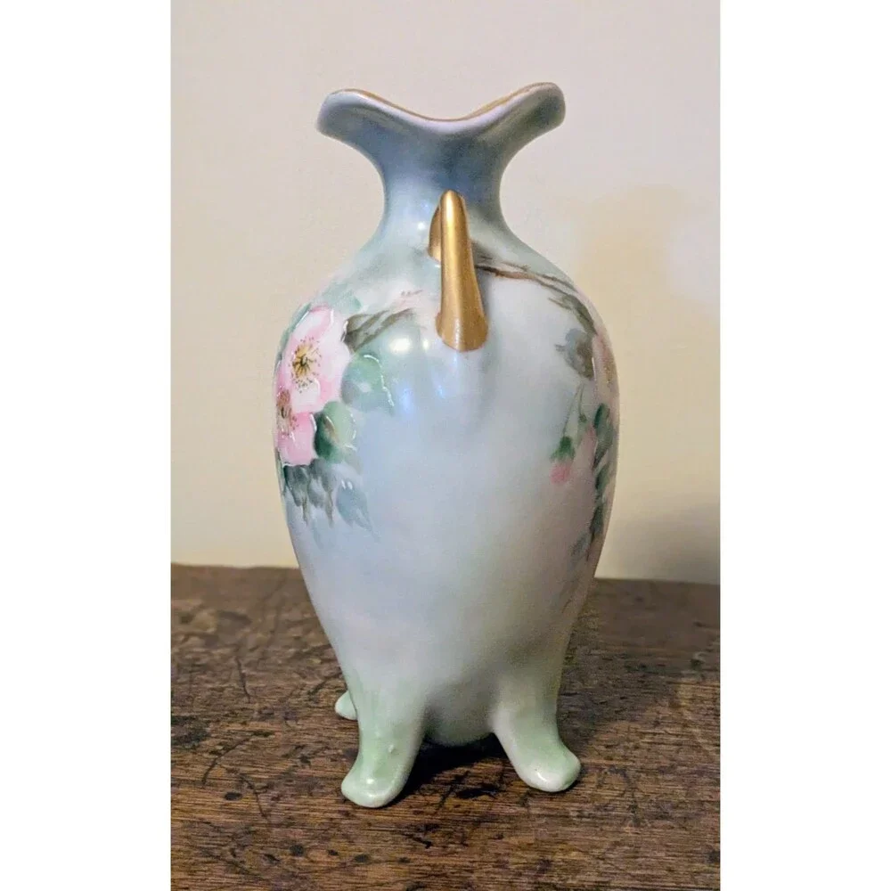 Antique Hand Painted Porcelain Footed Vase - Pink Wild Roses & Gold Gilt 6